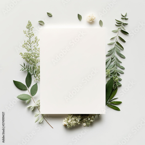 Blank plain canvas sheet surrounded by green leaves and branches placed on white background. Generative AI.