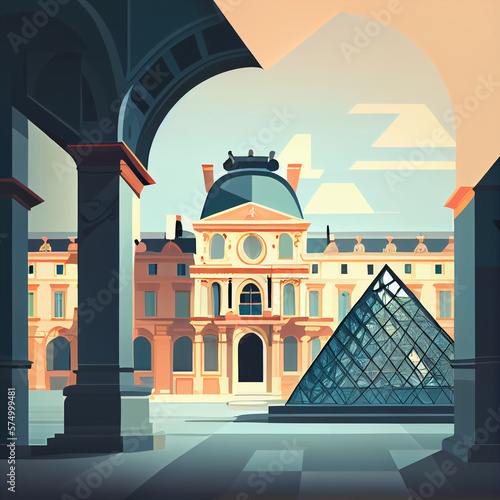 Fototapeta view of Musee du Louvre, cartoon style, flat design, generative ai