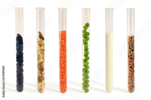 Food-cereals, legumes and milk in a test tubes 