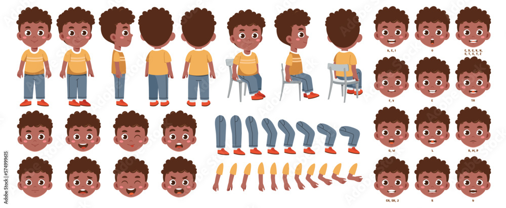 Character for animation. Set of elements for character constructor. African american boy with different emotions, postures and gestures. Cartoon flat vector collection isolated on white background - obrazy, fototapety, plakaty 