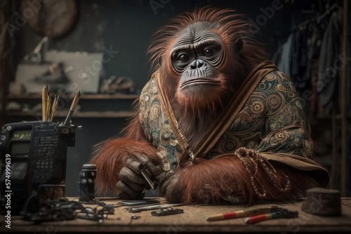 Captivating Creativity: A Fashionable Orangutan's Intricate Clothing Line with Hyperornate High-Resolution Photographs of Gold and Metallic Accents., generative AI photo