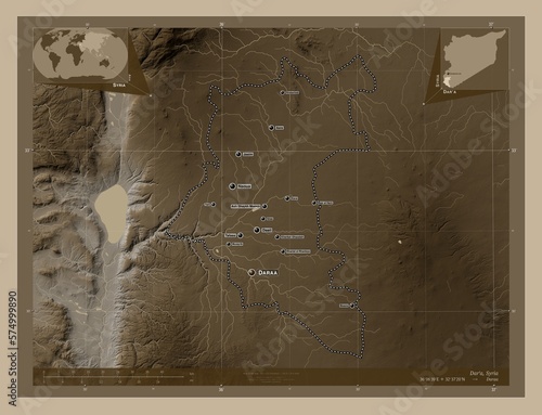 Cuadro en lienzo Dar`a, Syria. Sepia. Labelled points of cities
