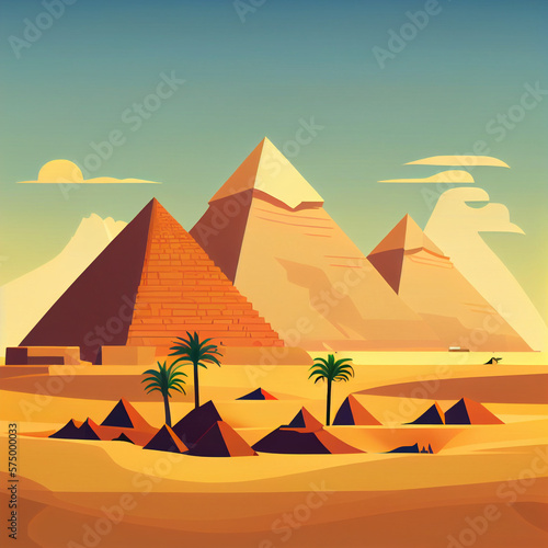 view of The Pyramids of Giza  cartoon style  flat design  generative ai