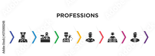 professions filled icons with infographic template. glyph icons such as physician assistant, clerk, painter, doctor, dj, businessman vector.