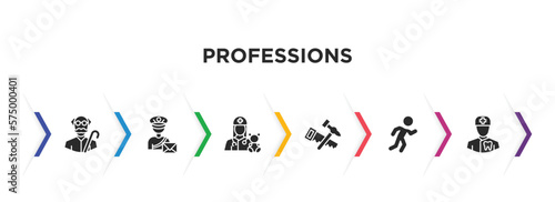 professions filled icons with infographic template. glyph icons such as pensioner, postman, pediatrician, carpenter, athlete, orthodontist vector.