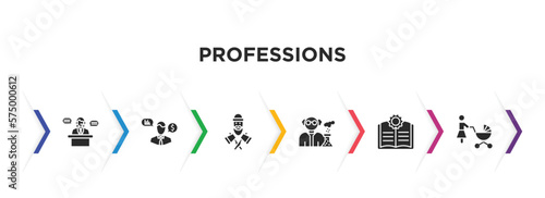 professions filled icons with infographic template. glyph icons such as secretary, financial advisor, lumberjack, chemist, guide, baby sitter vector.
