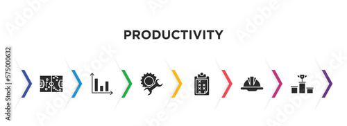 productivity filled icons with infographic template. glyph icons such as soccer tactics diagram, bar graph, productivity tools, task page with marks, hard hat, competition vector.