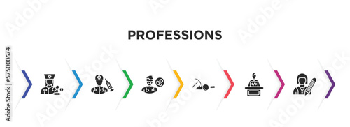 professions filled icons with infographic template. glyph icons such as pharist, surgeon, podiatrist, archeologist, software developer, writer vector.