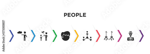 people filled icons with infographic template. glyph icons such as weathercaster, man child and balloons, heads, team success, earings, sir vector.