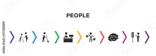 people filled icons with infographic template. glyph icons such as help the elderly, sweeper working, assembler, salesman working, girl smile, traffic hand vector.