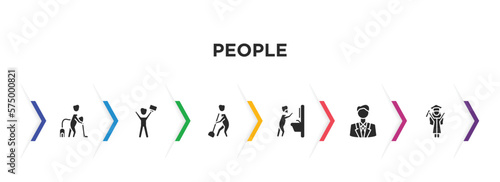 people filled icons with infographic template. glyph icons such as man vacuuming, success man happy, sweeping person, man shaving, business suit, graduating woman vector.