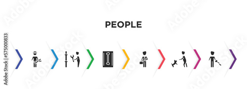 people filled icons with infographic template. glyph icons such as architect, plumber working, radiologist working, man with company, dog trainer, man with big key vector.