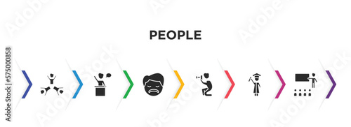 people filled icons with infographic template. glyph icons such as succes team, leader speech, sad smile, photographer working, graduating boy, teacher and students vector.