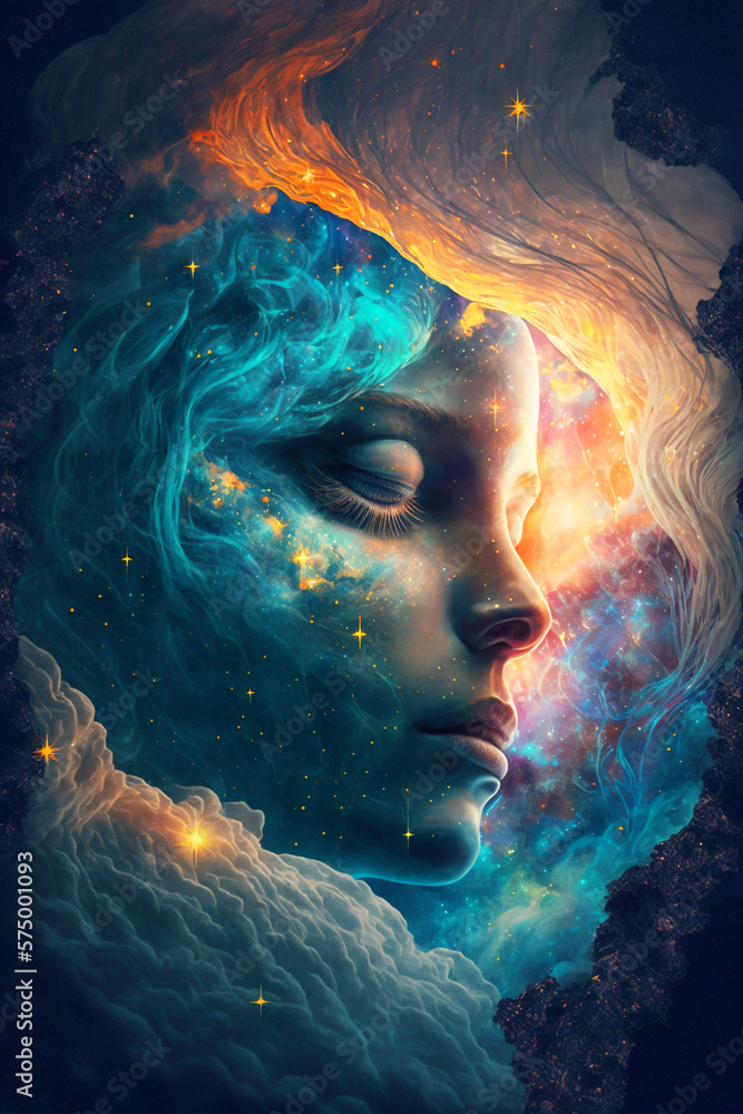 Astral Dream Concept Woman Nebula Lucid Dream Illustration, Generative AI