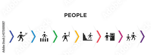 people filled icons with infographic template. glyph icons such as man walking and smoking, crossing road, man attacking, waves danger, man knocking a door, walking to school vector.