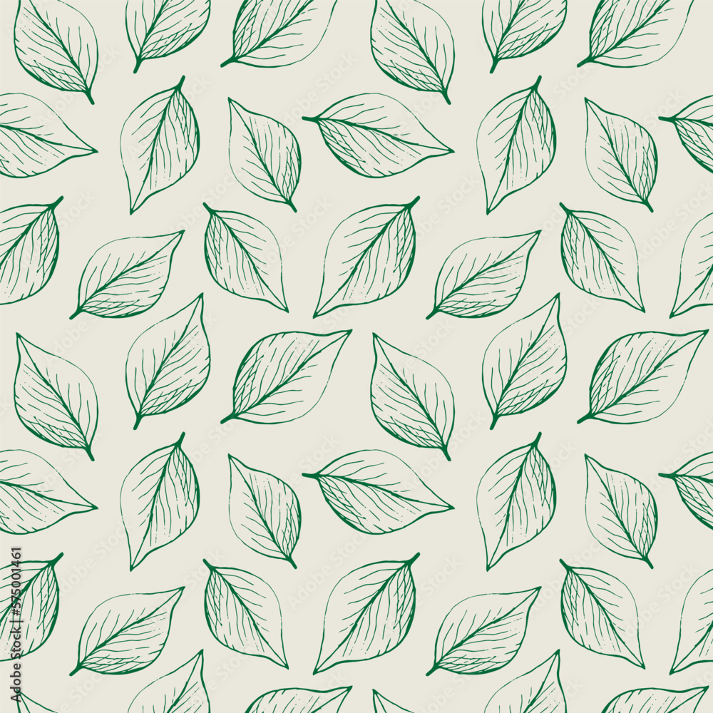 Cute seamless repeating pattern with leaves on a light background, floral motif. Hand drawn plants in a pattern for design, textile, wrapping paper and packaging desig Cute seamless repeating pattern with leaves on a light background, floral motif. Hand drawn plants in a pattern for design, textile, wrapping paper and packaging desig