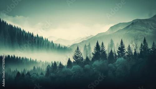 Misty landscape Forest. Trees in morning fog on mountain. 4K wallpaper