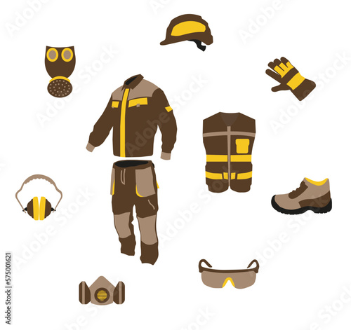 A set of protective overalls and special clothing on a white background. Safety equipment.