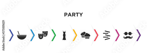 party filled icons with infographic template. glyph icons such as bowl with straw, theatre masks, party dress, two muffins, jenga, mustache with glasses vector.