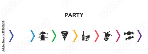 party filled icons with infographic template. glyph icons such as woman mask, blowing candle, pizza slice, bottle and two glasses, clown head with hat, two candies vector.