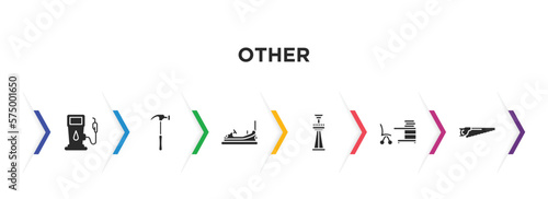 other filled icons with infographic template. glyph icons such as fuel service, work hammer, bump car, tower freefall, studying zone, wood cutter vector.