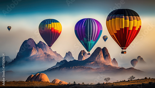Colorful hot-air balloons flying over mountains landscape. 4k wallpaper