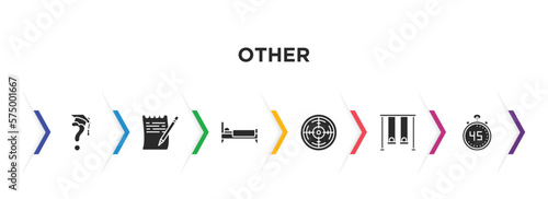 other filled icons with infographic template. glyph icons such as graduation's questions, paper list and a pencil, sleeping bed, shooting gallery, swing game, digital number 45 vector.