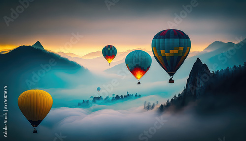 Colorful hot-air balloons flying over mountains landscape. 4k wallpaper