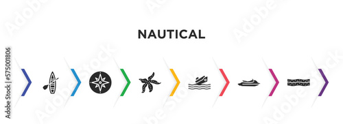 nautical filled icons with infographic template. glyph icons such as skiff, azimuth compass, starfish with dots, capsizing, watercraft, salt water vector.