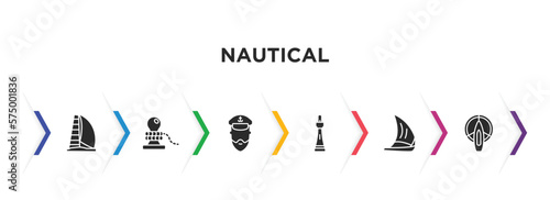 nautical filled icons with infographic template. glyph icons such as scow, rope tied, ship admiral, smeaton's tower, felucca, port and starboard vector.