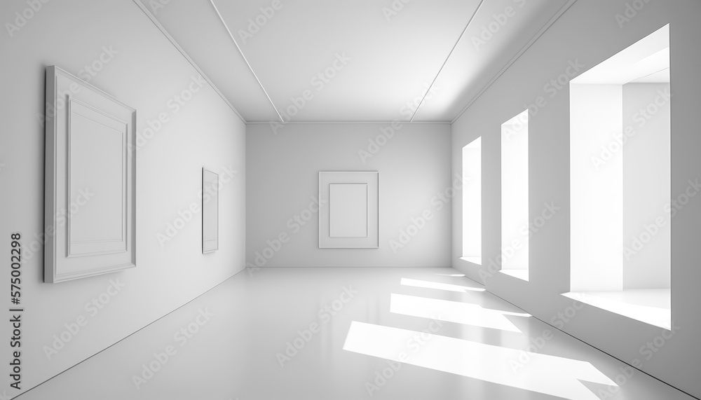 Fototapeta premium Museum Galerie Leerer Weißer Raum Zeitgenössisch Contemporary Mock Up Digital Art Hintergrund Generative AI 3D Bildpräsentation Kunstausstellung