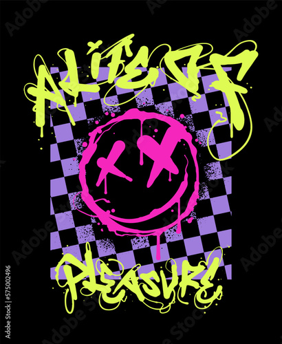 A happy face illustration included in a graffiti style slogan on a checked background