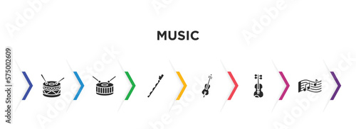 music filled icons with infographic template. glyph icons such as percussion, snare drum, pennywhistle, violoncello, viola, melody vector.