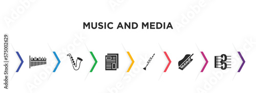 music and media filled icons with infographic template. glyph icons such as marimba, jazz, newspaper report, clarinet, keytar, alto clef vector.