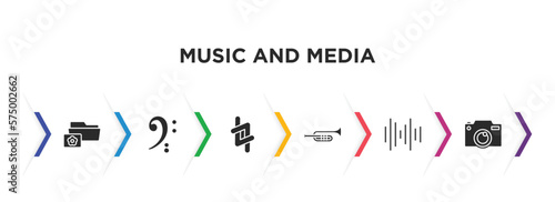 music and media filled icons with infographic template. glyph icons such as image archive, octave clef, natural, trombone, sound bars, photo camera vector.
