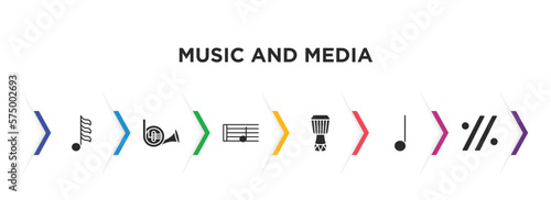 music and media filled icons with infographic template. glyph icons such as thirty second note, french horn, half note, djembe, quarter note, simile vector.