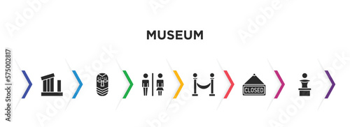 museum filled icons with infographic template. glyph icons such as relics, african mask, restroom, museum fencing, closed, sculpture vector.