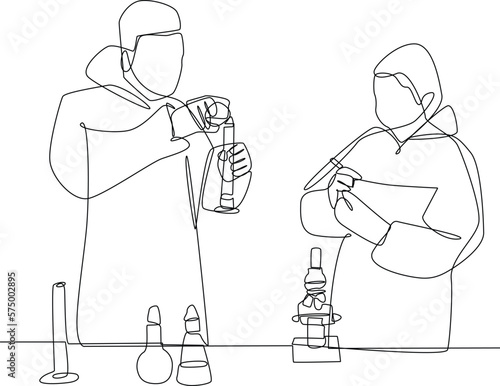 Continuous one line drawing scientist doing some research. laboratory activity concept. Single line draw design vector graphic illustration.