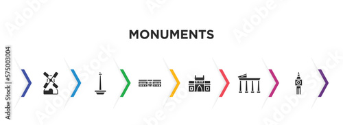 monuments filled icons with infographic template. glyph icons such as kinderdijk windmills, national monument monas, palace of versailles, gat of india, temple of apollo, the clock tower vector.