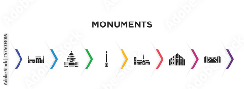 monuments filled icons with infographic template. glyph icons such as id kah mosque, united states capitol, monument site, notre dame cathedral, milan cathedral, stari most vector.