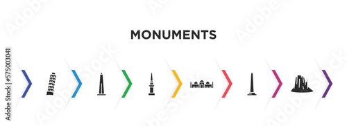 monuments filled icons with infographic template. glyph icons such as tower of pisa, obelisk of bue aires, philippines, badshahi mosque, national mall, canyon vector.