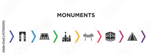 monuments filled icons with infographic template. glyph icons such as ejer baunehoj, abu simbel, russia, vincent thomas bridge, kaaba building, maya pyramid vector.