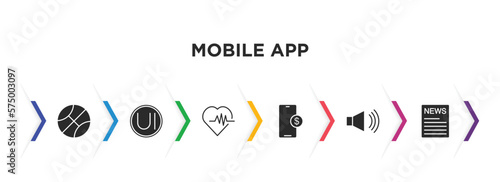 mobile app filled icons with infographic template. glyph icons such as sport, ui, health, mobile banking, audio, news vector.