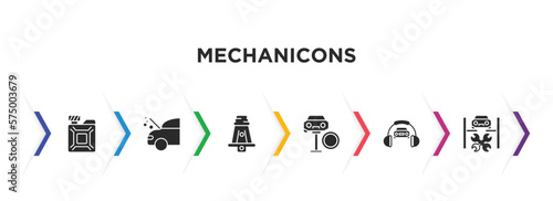 mechanicons filled icons with infographic template. glyph icons such as change car oil, car with heat problems, hine connector plug, changing car tire, and headphones, repairing vector.