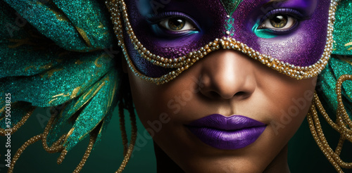 Close up portrait of a black woman wearing a carnival mask. party celebration. Generative ai