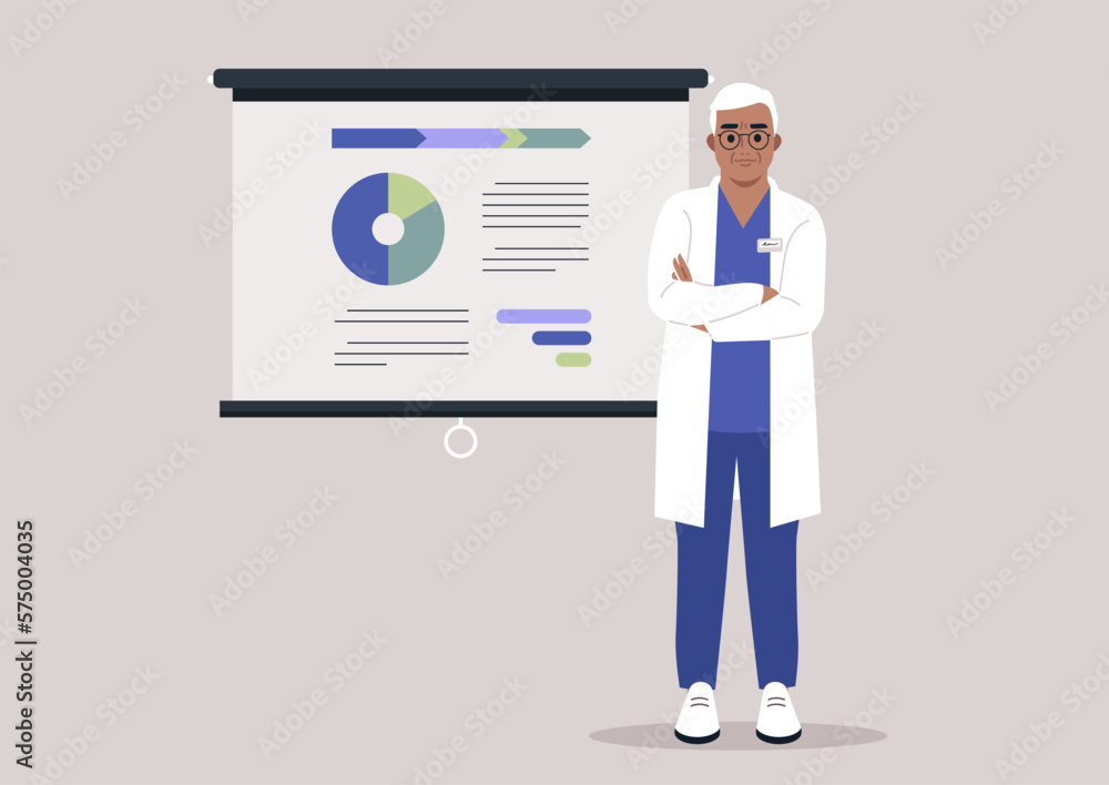 A senior doctor reporting on a medical research, scientific experiment A senior doctor reporting on a medical research, scientific experiment