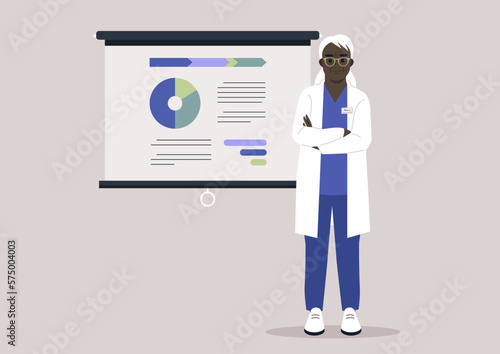 A senior doctor reporting on a medical research, scientific experiment