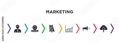 marketing filled icons with infographic template. glyph icons such as salesman, place, eticket, marketing graph, campaign, upload to cloud vector.