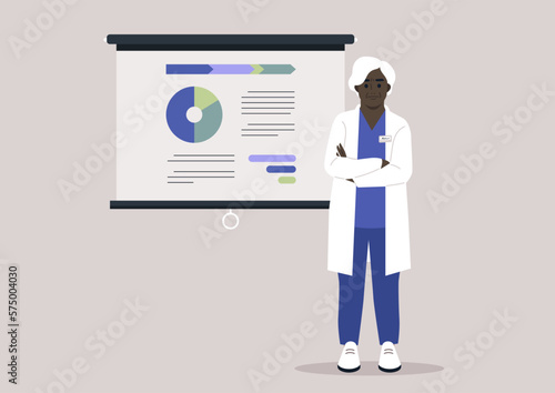 A senior doctor reporting on a medical research, scientific experiment