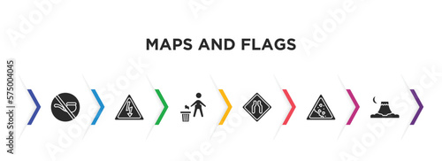maps and flags filled icons with infographic template. glyph icons such as no smoking pipe, electrocutation danger, throw to the bin, narrow two lanes, land slide, mount fuji vector.